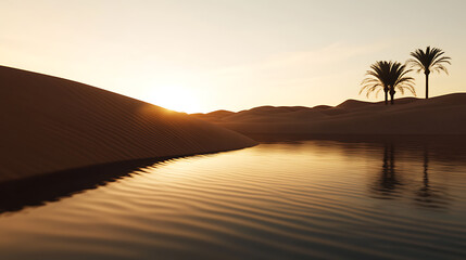 Serene desert oasis shimmering under a golden sun. Palm trees silhouette against the sky, casting reflections in the tranquil water. A peaceful desert scene.