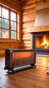 Cozy Room Featuring Electric Heater Next to Burning Fireplace