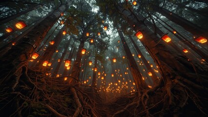 A mystical forest illuminated by numerous glowing lanterns hanging from tall trees with exposed roots
