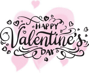 Vector art of happy valentines day script lettering with halftone pink hearts and delicate flourishes, ideal for romantic messages and seasonal design projects