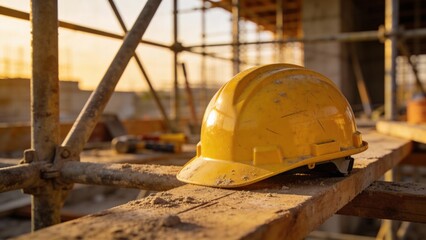 Iconic yellow hard hat placed on steel girder symbolizes worker safety in urban development project