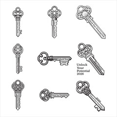 High Contrast Black White Ornate Key Motivational Drawing