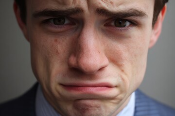 Obraz premium Young man with a distressed expression, wearing a formal suit, showcasing emotions of sadness and frustration, reflecting the challenges of modern life and personal struggles