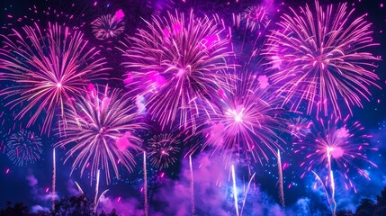 Celebrating new year s eve 2026  a festive panorama of purple fireworks on a dark night sky