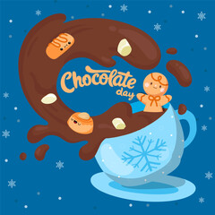 A playful splash of hot chocolate with cute treats and a gingerbread character creates a fun and festive winter vibe perfect for Christmas themes. Cartoon vector style.