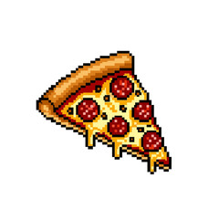 Pixel art illustration of a slice of pepperoni pizza with dripping cheese.