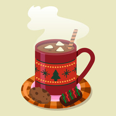 A cozy red Christmas mug filled with hot chocolate and marshmallows sits on a saucer with cookies. This flat vector illustration features festive holiday patterns and warm steam.