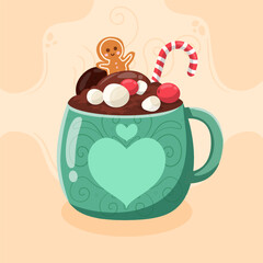 A cozy teal Christmas mug with heart patterns filled with hot chocolate. It features a gingerbread man, candy cane, and marshmallows. This festive winter drink illustration is cute and warm.
