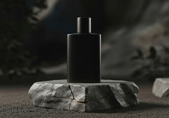 Luxury Mens Grooming Bottle Mockup On Dark Stone Platform.