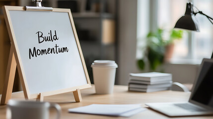 Motivational workspace setup with whiteboard displaying 'Build Momentum,' laptop, coffee, and lamp, fostering productivity and inspiration in a bright, modern setting.