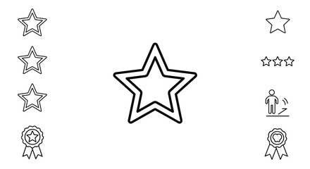 Set of star icons and achievement symbols including badges and rankings, minimalist black line art on white background.