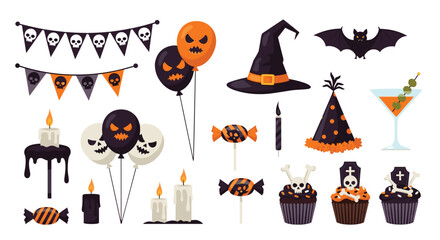 Large set of spooky Halloween party decorations and items such as skulls, bats, witch hats, cupcakes, and candles.