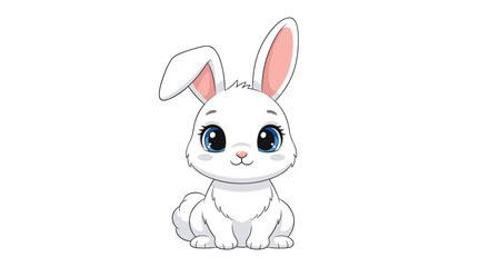 Obraz premium Adorable cartoon white rabbit with big expressive blue eyes sitting peacefully, sweet animal character illustration.