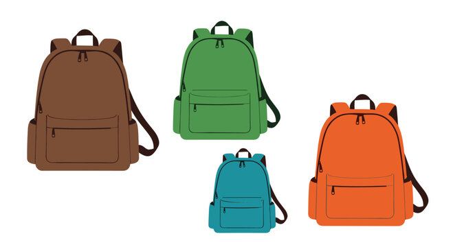 Collection of four different colored school backpacks including brown, green, orange, and blue, flat vector art. - Powered by Adobe