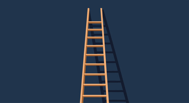 Simple wooden ladder leaning against a dark blue background with a cast shadow, symbolizing progress and ambition.