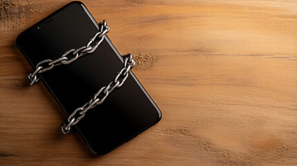 Phone locked down with a chain for digital detox and disconnecting from technology. Conceptual image for digital safety, security, and device usage limits.