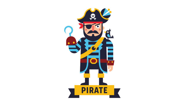 Flat design character of a pirate captain with a hook, eyepatch, and a parrot, presented with a banner on a white background.