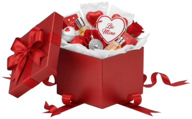 A vibrant, glossy red gift box overflowing with luxurious contents including small perfume bottles, decorative heart-shaped chocolates, a silver-toned watch with, isolated on transparent background.