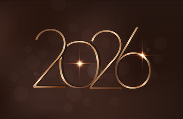 Happy new year 2026. Holiday greeting luxury card design. 3D Shiny gold realistic numbers isolated on dark brown background. 