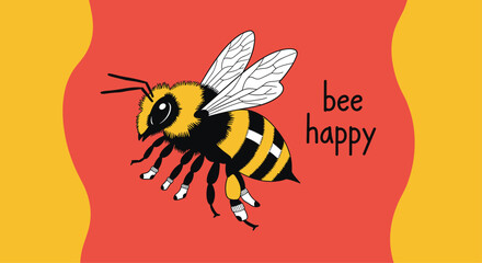 An uplifting illustration featuring a detailed bumblebee and the encouraging pun "bee happy" on a warm, colorful wavy background.