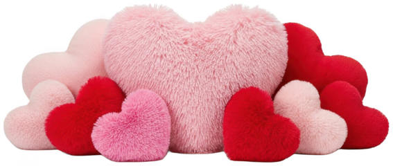 A collection of plush, fluffy, and vividly colored heart-shaped cushions, crafted from soft, velvety material, are artfully arranged in a layered composition,, isolated on transparent background.