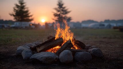 A warm campfire burns with glowing embers and flames in a stone ring as the sun sets over a tranquil outdoor landscape with silhouetted trees