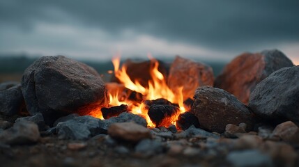 A warm bonfire with vibrant flames flickers among rough stones at dusk under an overcast sky