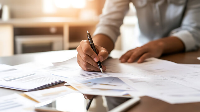 A person is seated at a desk, focused on reviewing and signing paperwork with a pen. The scene is illuminated by natural light, emphasizing concentration and diligence.
