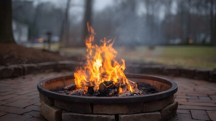 A vibrant fire burns in a circular outdoor fire pit on a brick patio with smoke rising against an overcast evening sky