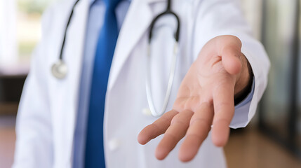 A doctor in a white coat extends an open hand, inviting connection and care. The gesture embodies trust and support in the healthcare setting.