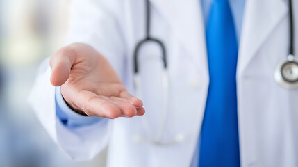 Healthcare professional extends a hand offering assistance, wearing a white coat and stethoscope. Symbolizes trust, care, and medical support in a clinical setting.