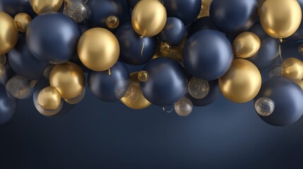 Fototapeta premium Overhead shot of a dark blue background with floating balloons in shades of gold, navy blue, and some transparent, creating a festive atmosphere