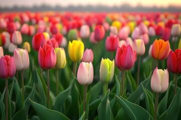 Colorful tulip field in bloom during spring shows vibrant flowers against a clear sky