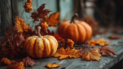 Close-up of two pumpkins with autumn leaves. One pumpkin in front, other slightly behind. Wooden surface