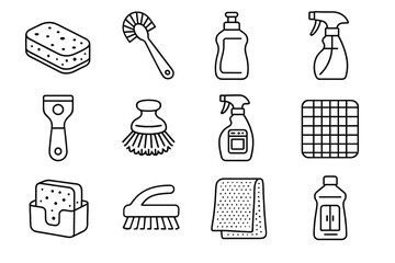 Icon cabinet vector pot cleaning mat brush bottle dish cleaner spray kitchen