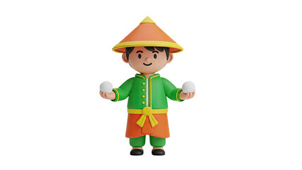 3D cartoon boy in traditional clothing holding two white balls on transparent background