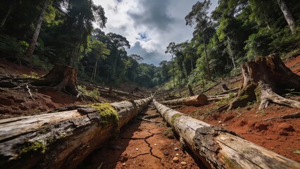 Cleared forest land with stumps contrasts dense remaining jungle