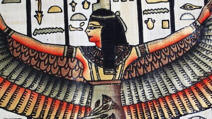 Egyptian goddess Isis with outstretched wings on papyrus, hieroglyphs, ancient Egyptian art, colorful traditional painting, religious symbolism, cultural artifact, detailed illustration.