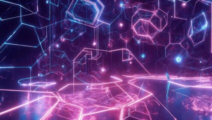 Obraz premium Abstract digital neon grid environment with glowing geometric shapes and pathways