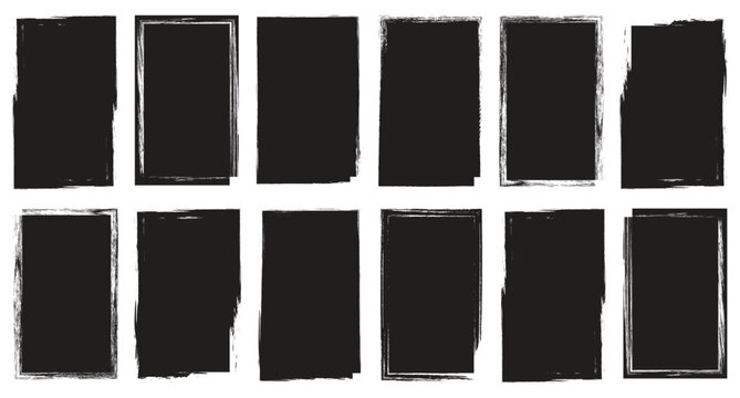 Black vector rough edge rectangles. Grunge square frames set. Brush frame rough rectangle box shape set. texture, frame and abstract background. Paint brush grunge border frame. 