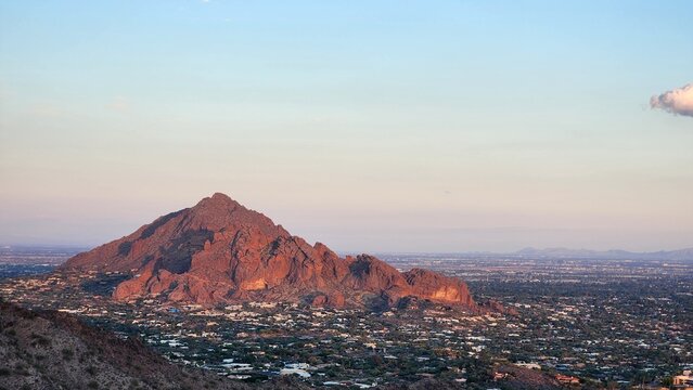 City of Phoenix and Camelback Mountain from Piestewa Peak Park at sunset