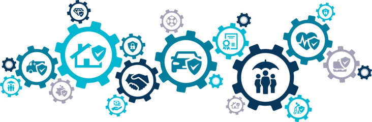 Insurance coverage vector illustration. Blue concept with icons related to insurance coverage and policy, security and safety, financial protection against theft, property damage, health events.