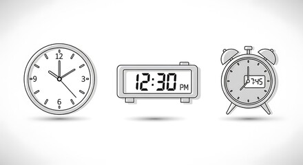 Three diverse clock types show time display: analog, digital, and alarm.