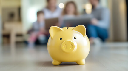 A family learns about personal finance, focused on a golden piggy bank. Demonstrating saving money, planning for the future, and financial literacy.