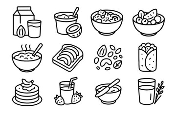 Breakfast banana almond spread glass toast dairy fruit vector scramble icon free