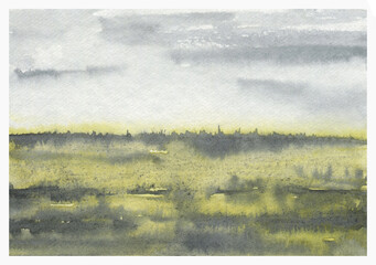 Watercolor painting of a field with a cloudy sky in the background, hand painted illustration