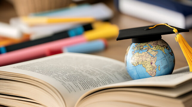 Explore the world of knowledge! A graduation cap sits atop a globe resting on an open book, symbolizing education's global impact. Dream big and learn globally!