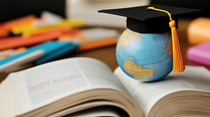 A globe adorned with a graduation cap rests atop an open book, symbolizing global education and academic success. Highlighting learning, achievement, and worldwide knowledge.