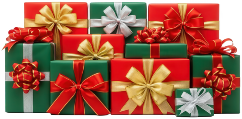 A vibrant and festive arrangement of rectangular gift boxes, wrapped in glossy red and emerald green paper, adorned with elaborate satin ribbons and shimmering, isolated on transparent background.