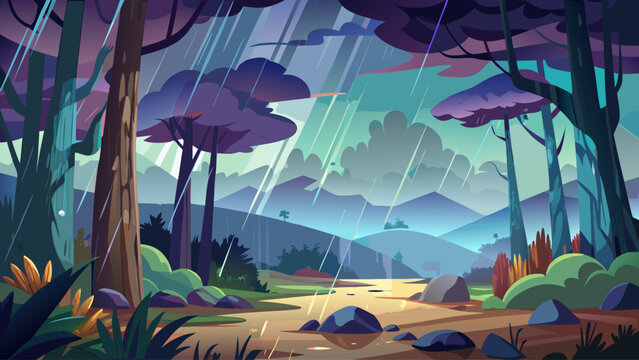 Rainy forest landscape vector with falling rain and wet ground, moody flat illustration
